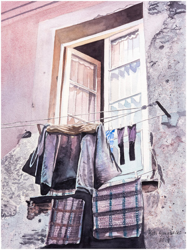 Kläder på tork Korfu akvarell 30x40cm - Mats Ljungbacke